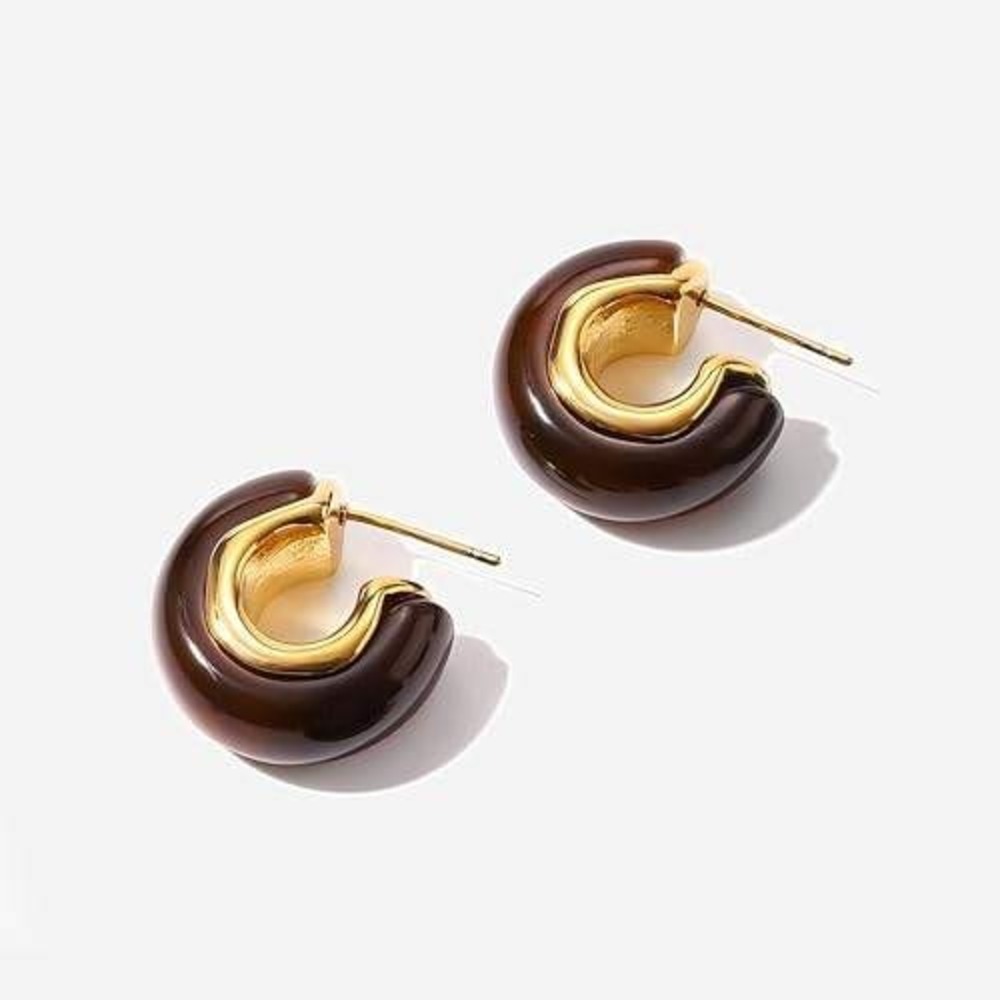 Dark Amber Resin Chunky Hoop Earrings Gold Tone C-Shaped Statement Jewelry